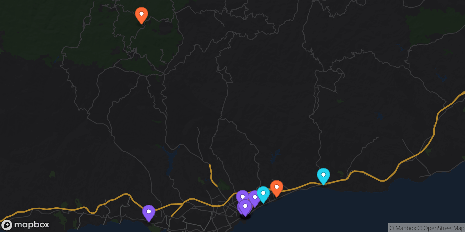 Map showing 16 locations