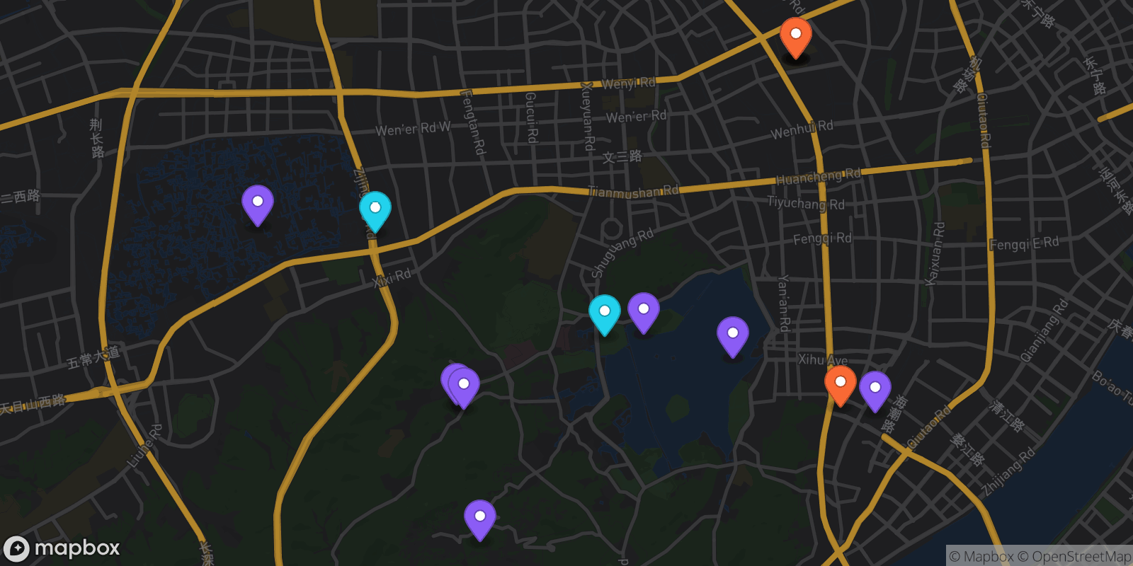 Map showing 15 locations