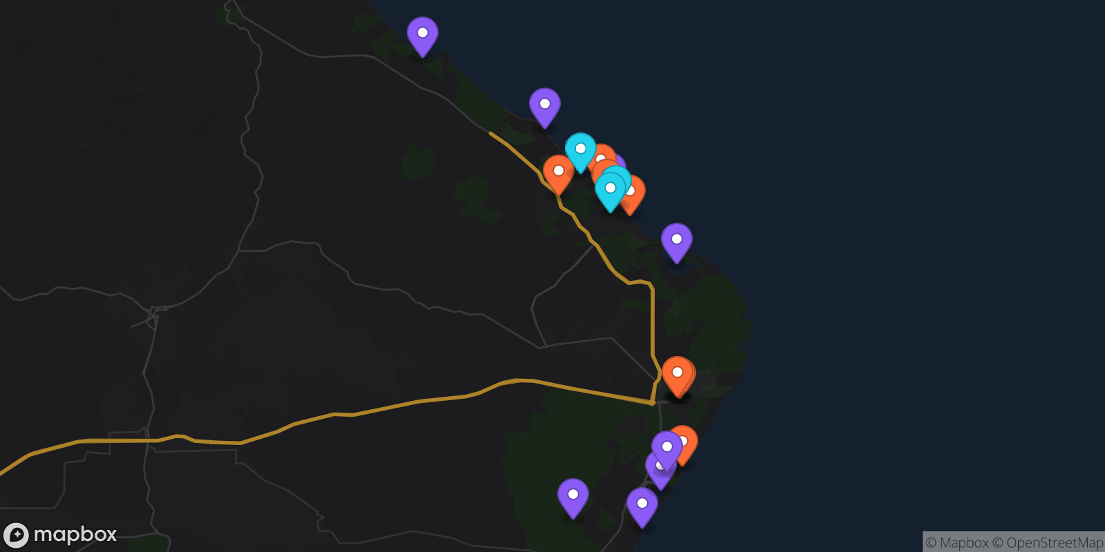Map showing 21 locations
