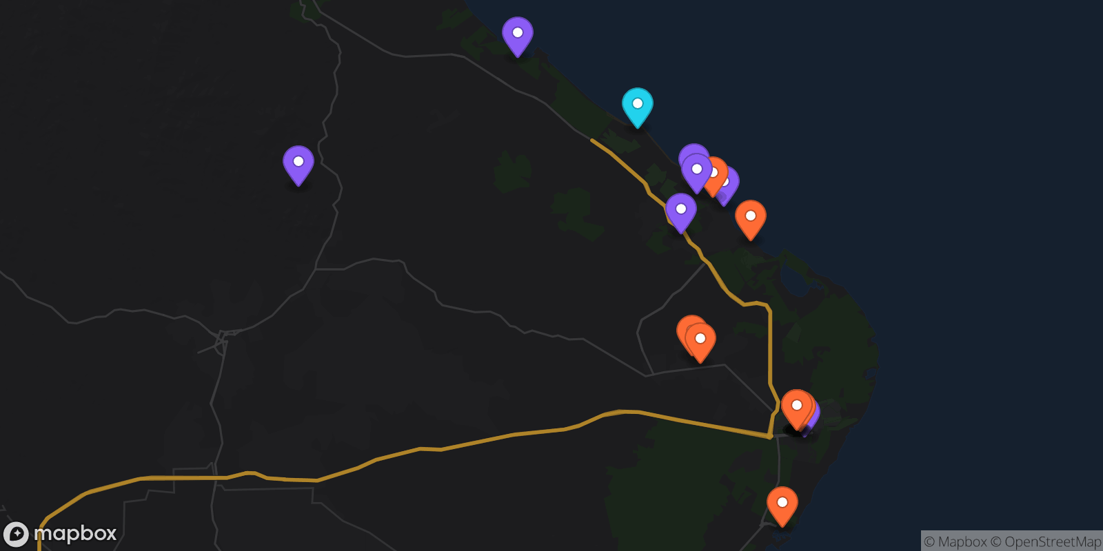 Map showing 21 locations