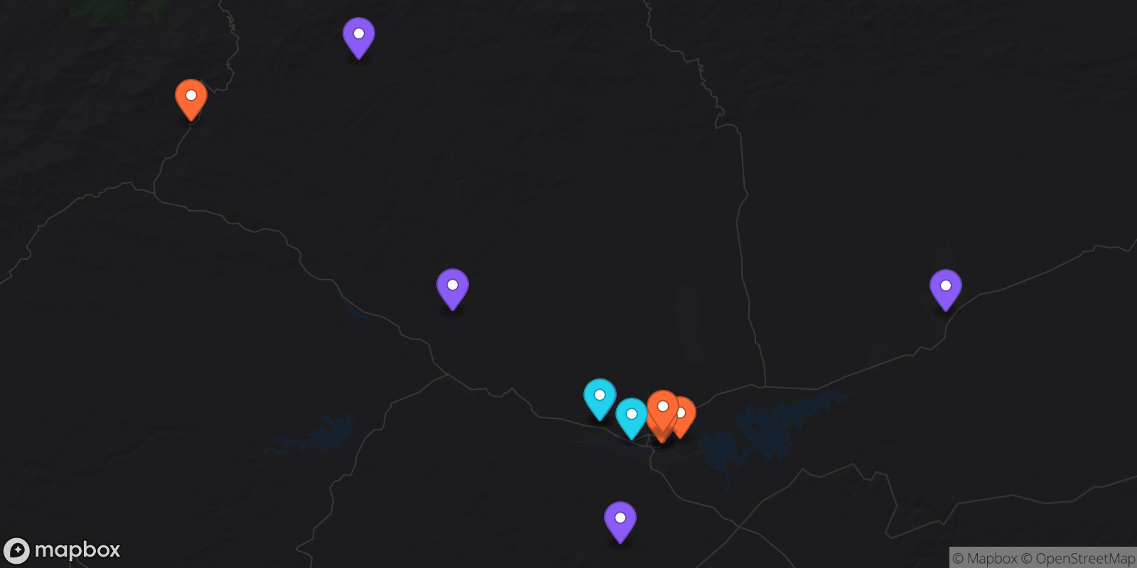 Map showing 13 locations