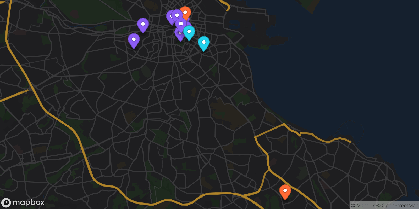Map showing 12 locations
