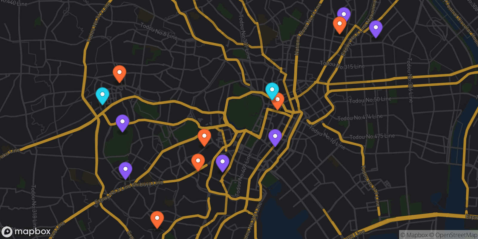 Map showing 14 locations