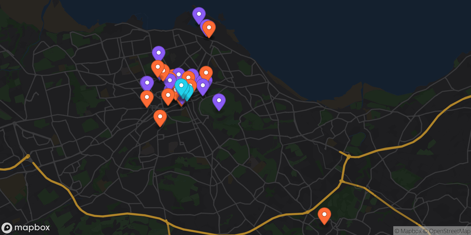 Map showing 43 locations