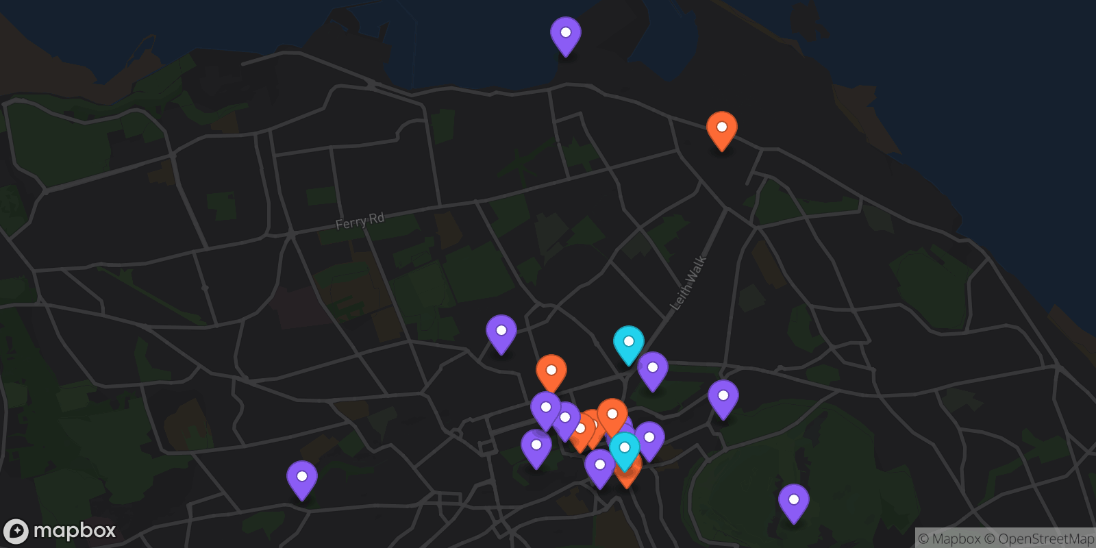 Map showing 21 locations
