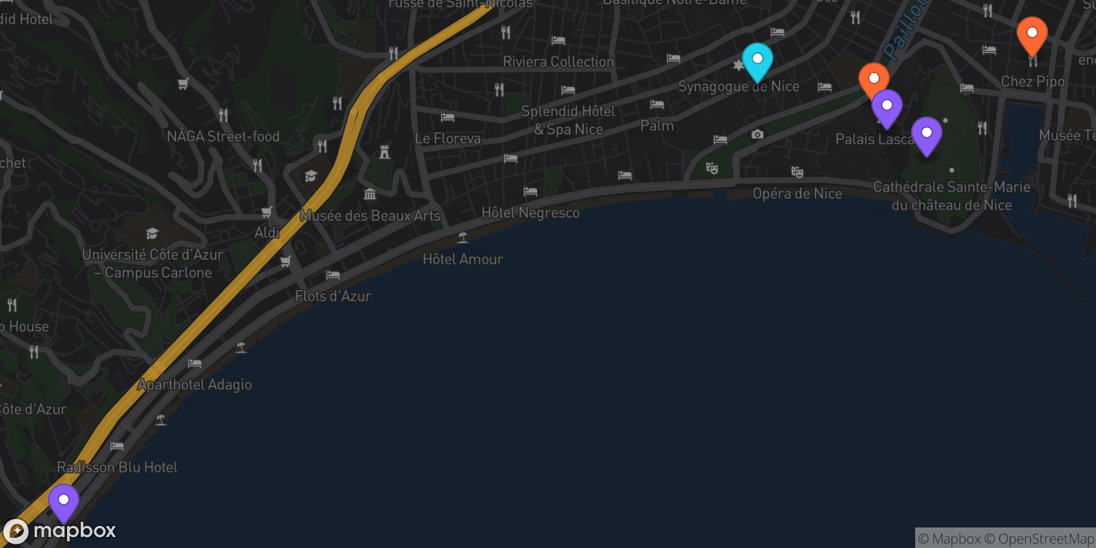 Map showing 6 locations