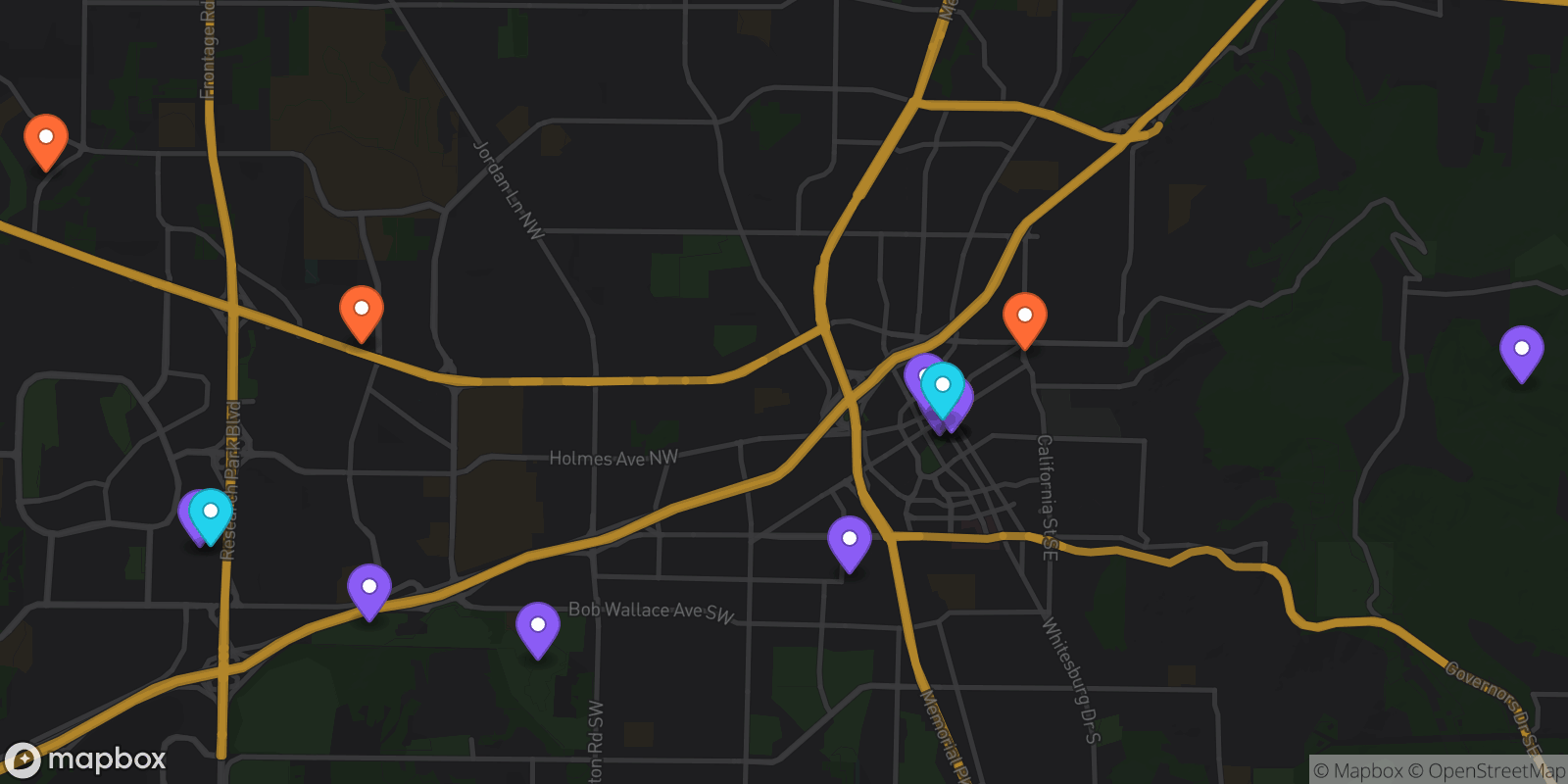 Map showing 15 locations