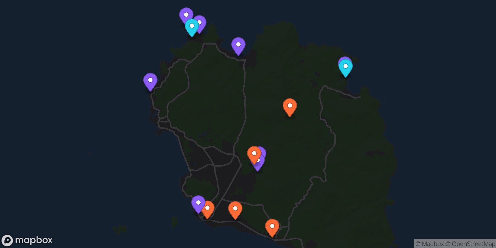 Map showing 15 locations