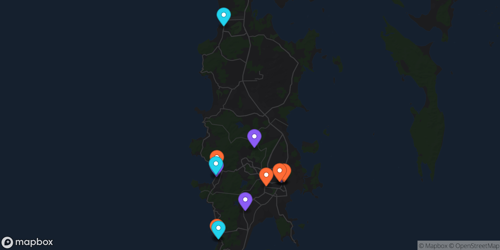 Map showing 15 locations