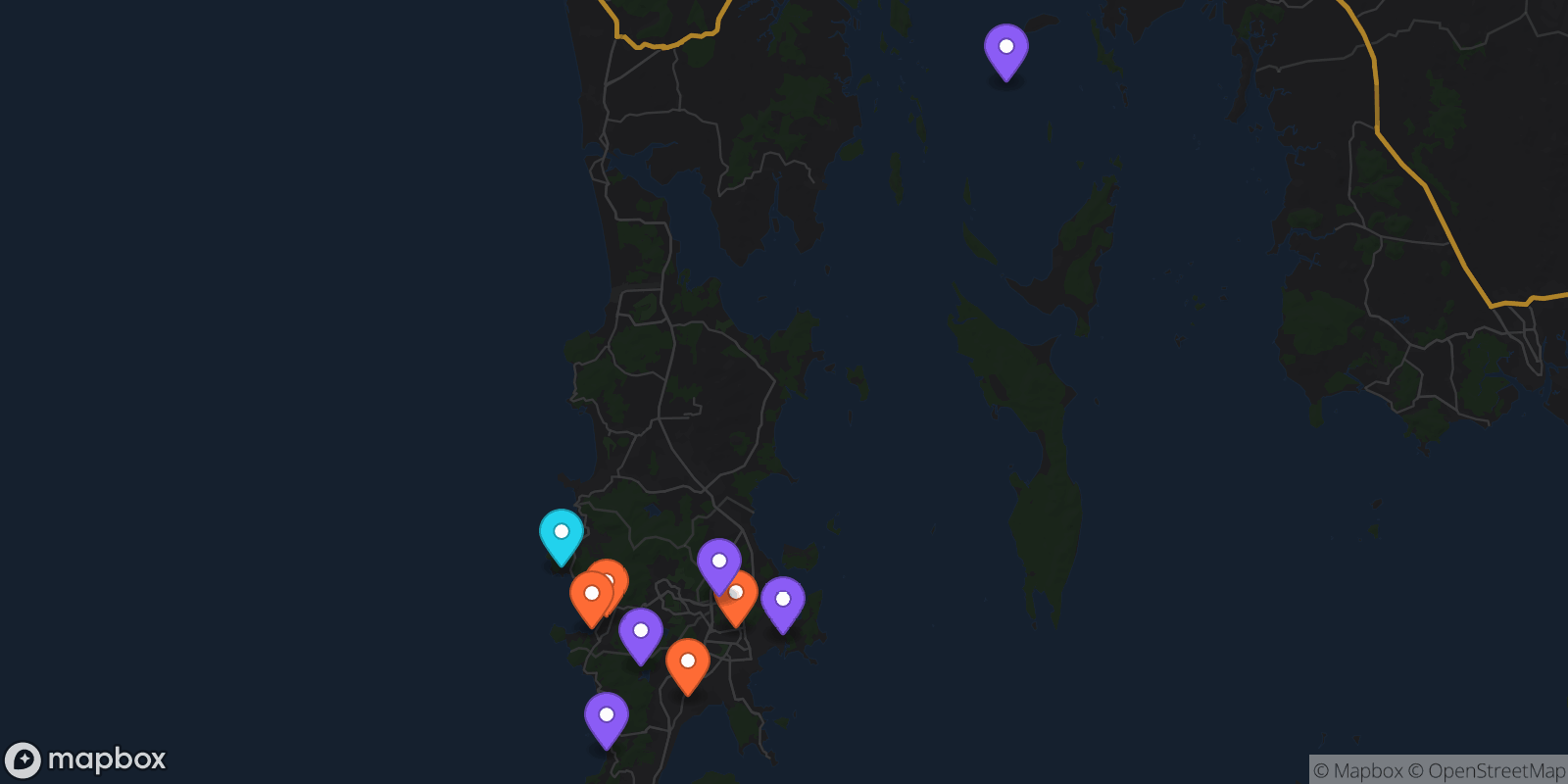 Map showing 10 locations