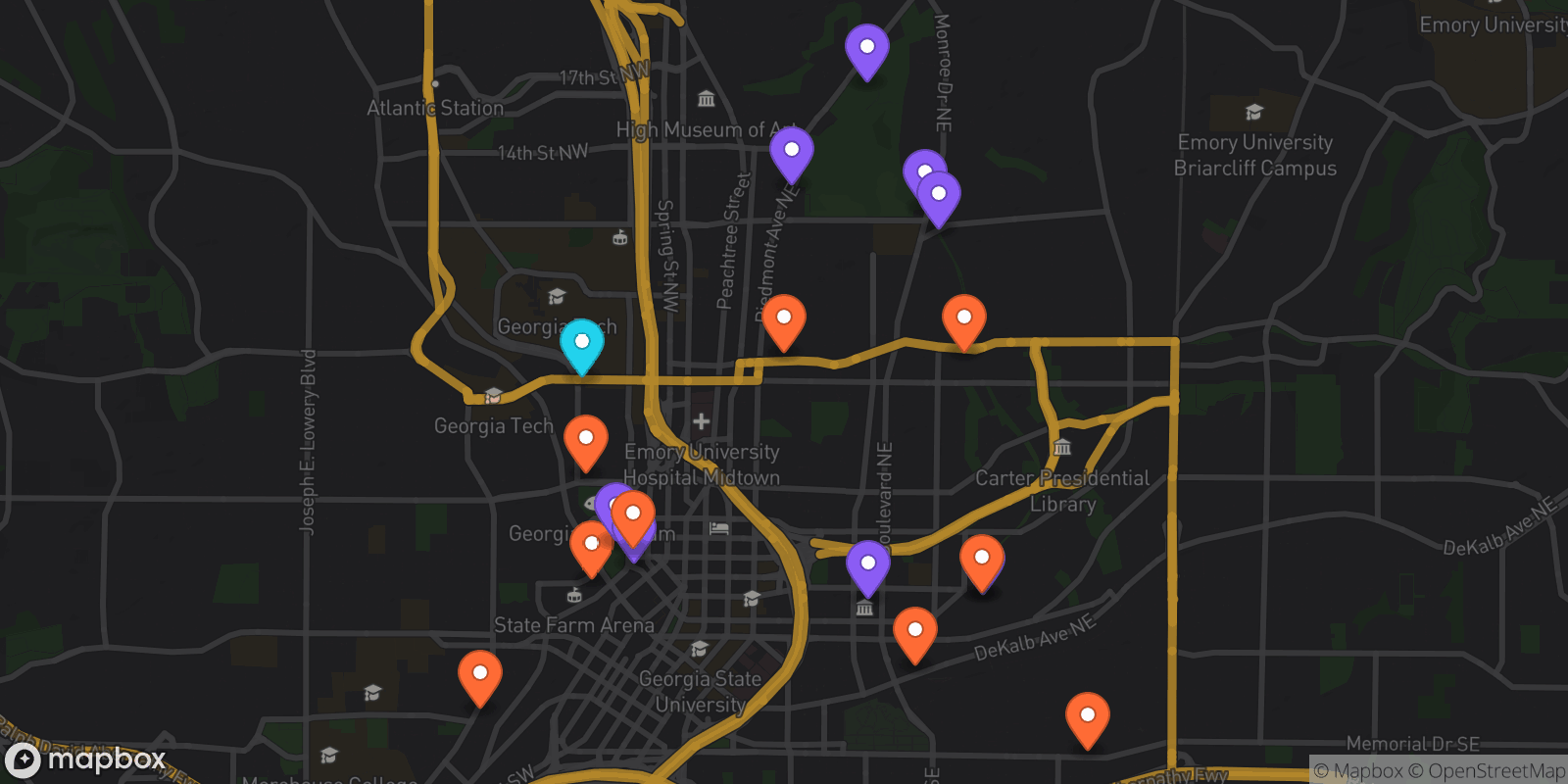 Map showing 18 locations