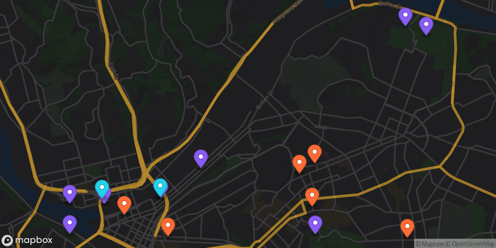Map showing 16 locations