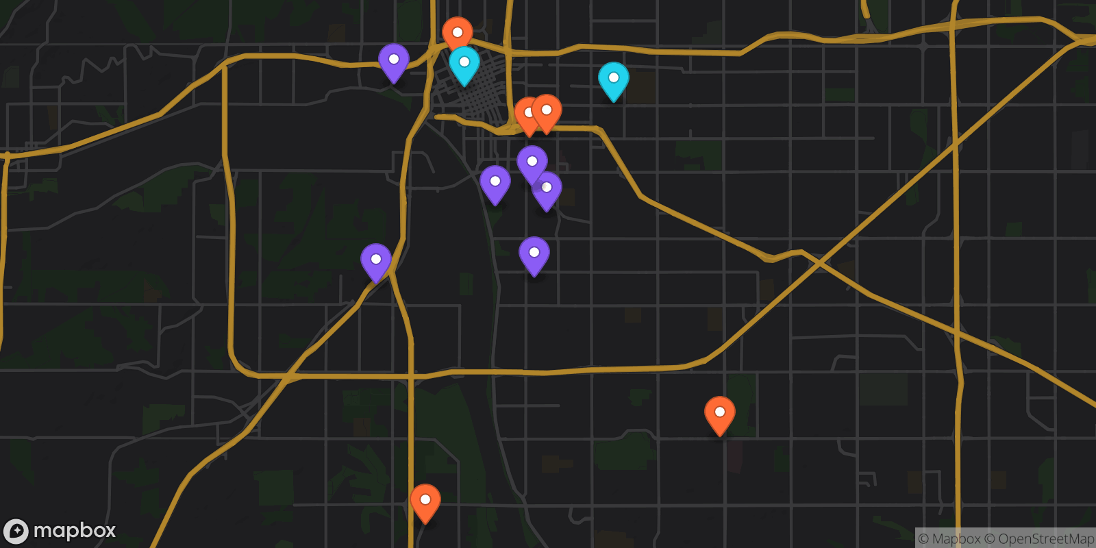 Map showing 13 locations
