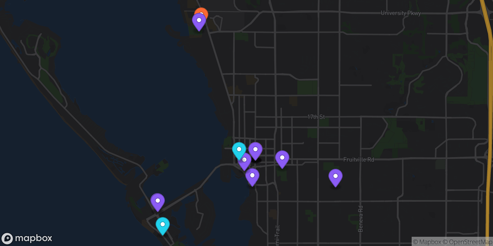 Map showing 17 locations