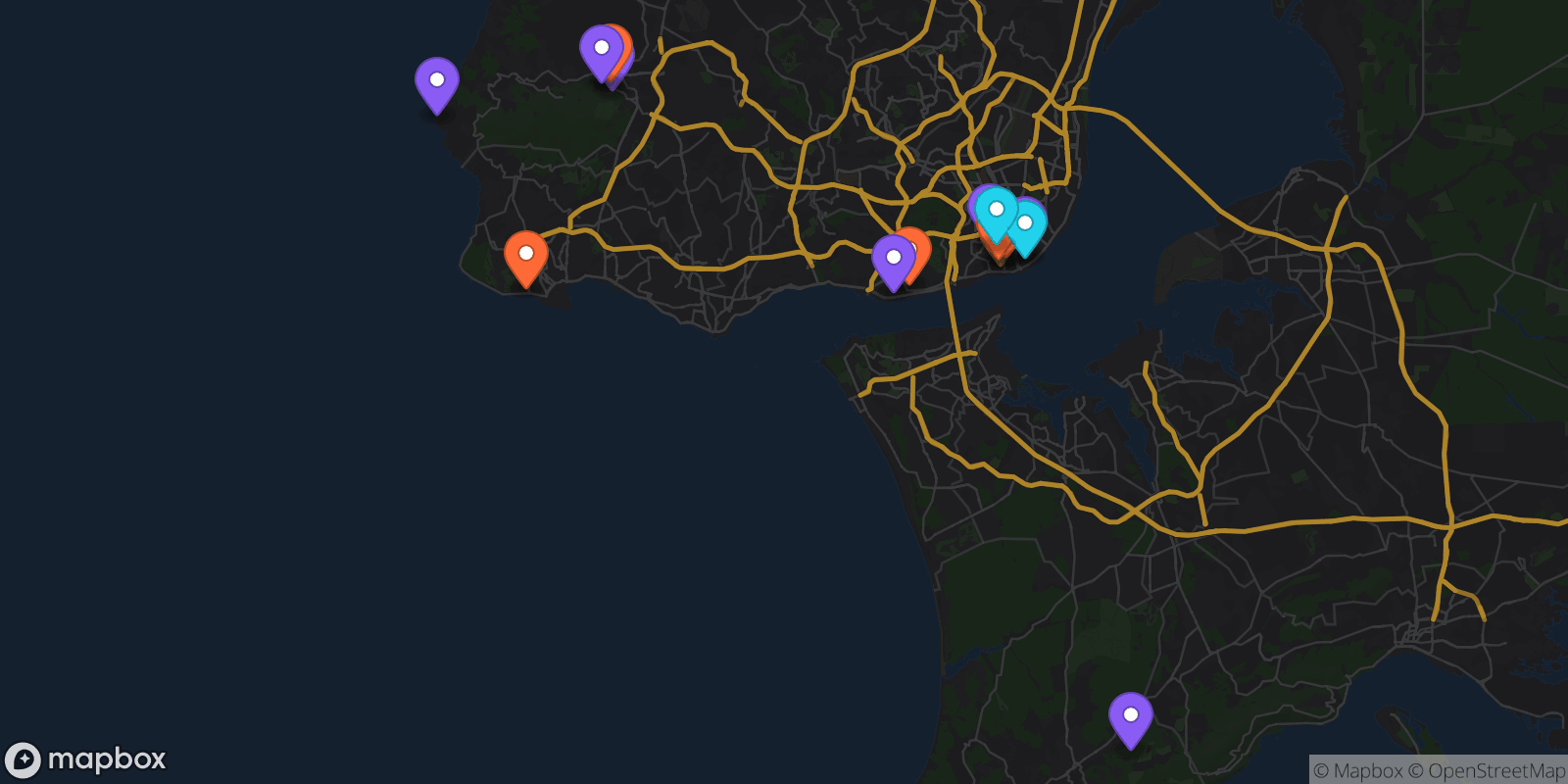 Map showing 16 locations
