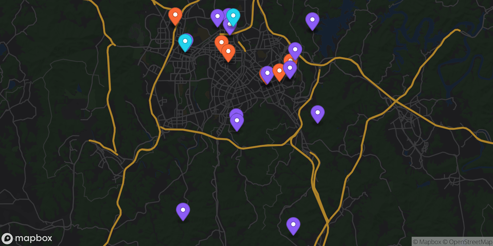 Map showing 28 locations