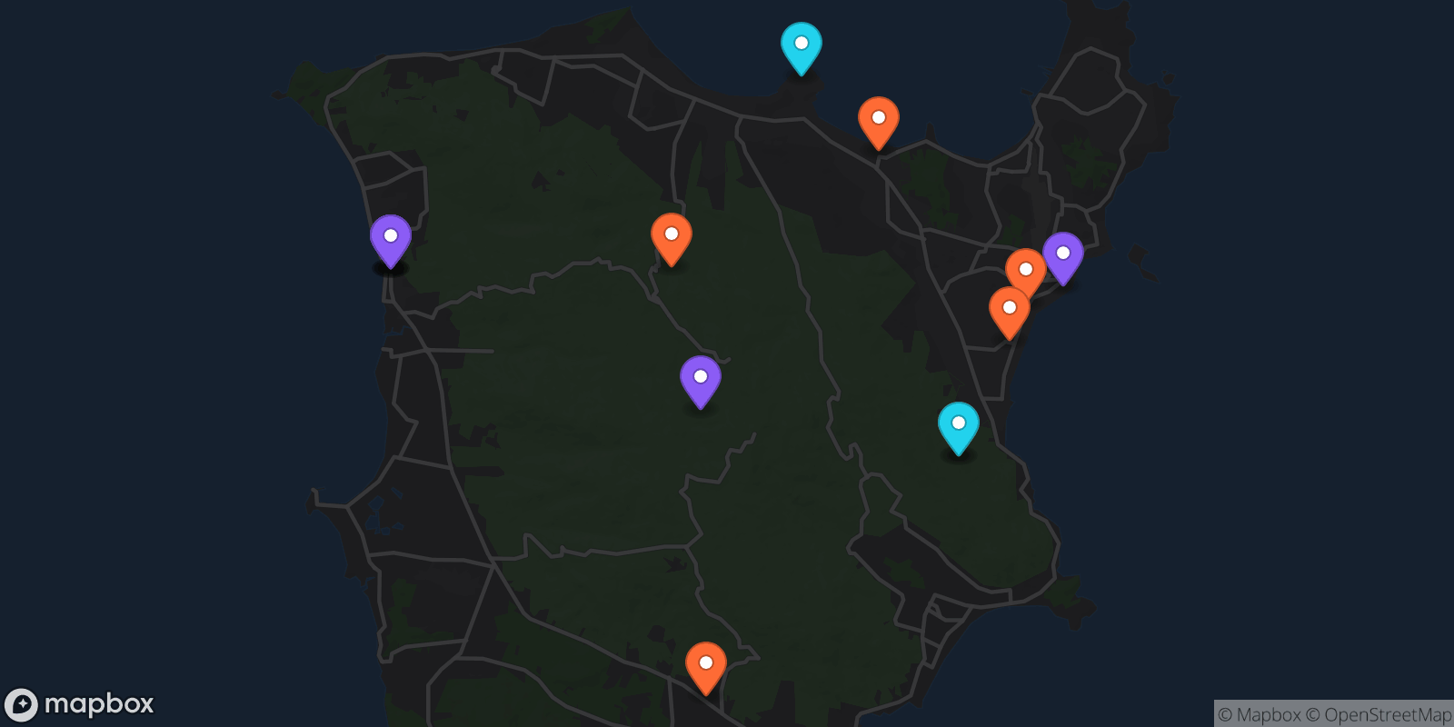 Map showing 15 locations