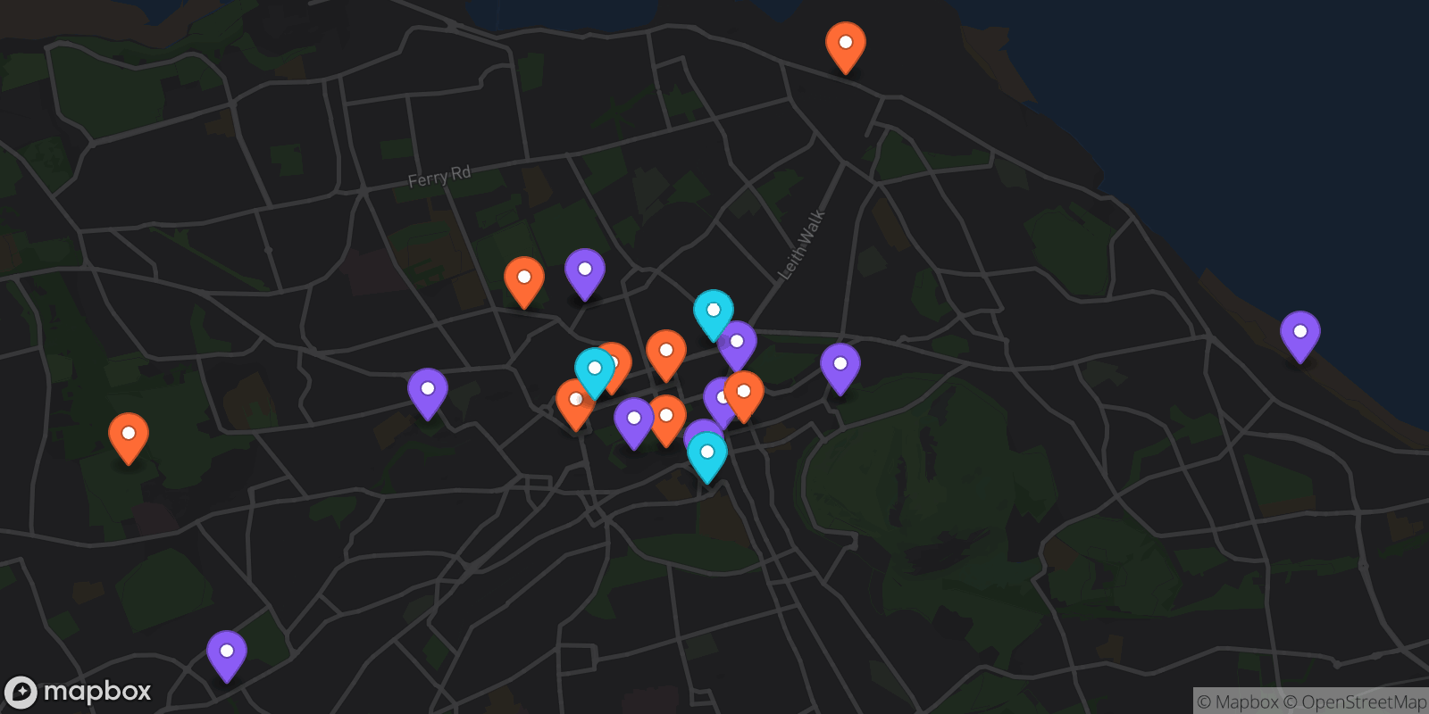 Map showing 21 locations