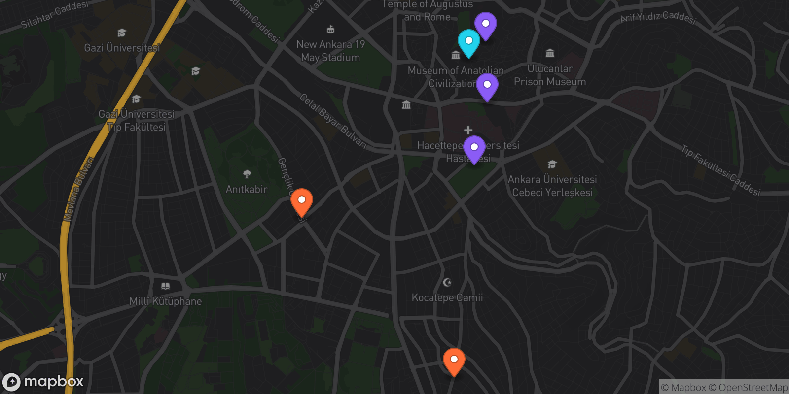 Map showing 6 locations