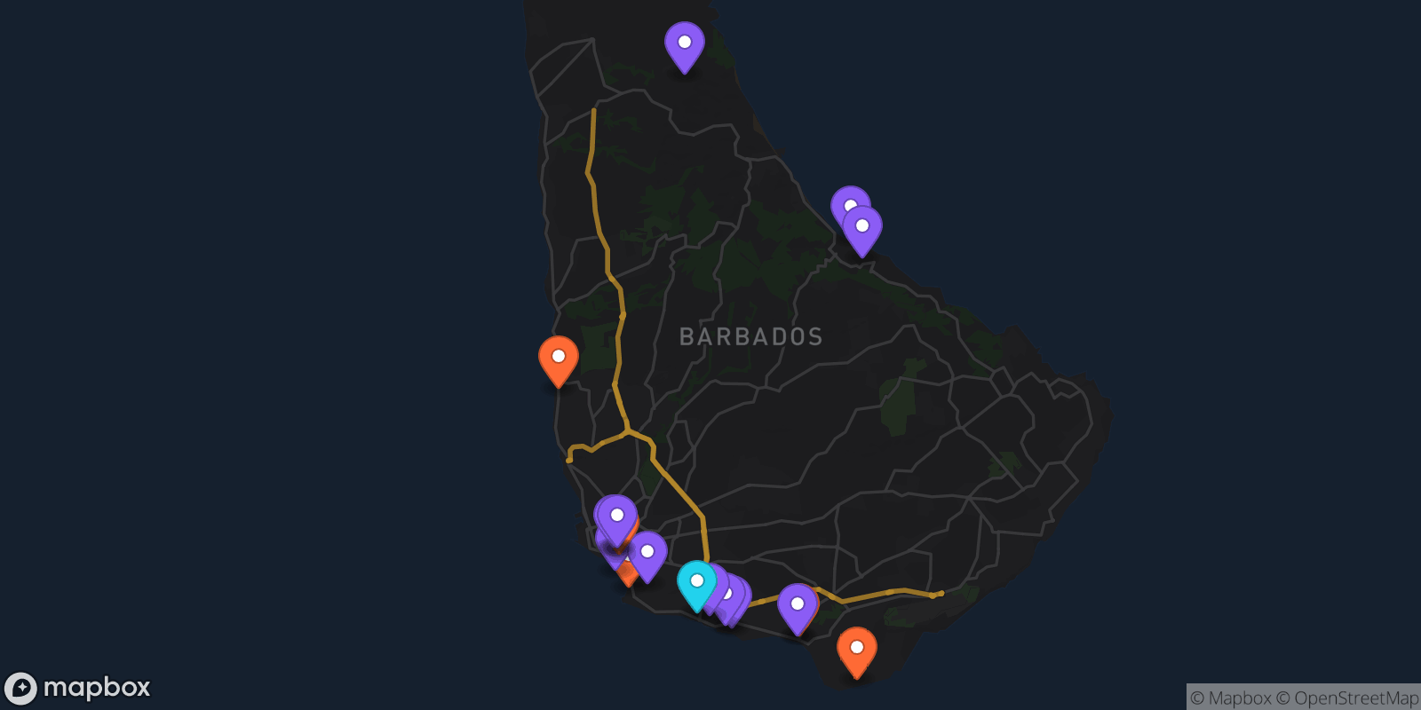 Map showing 18 locations