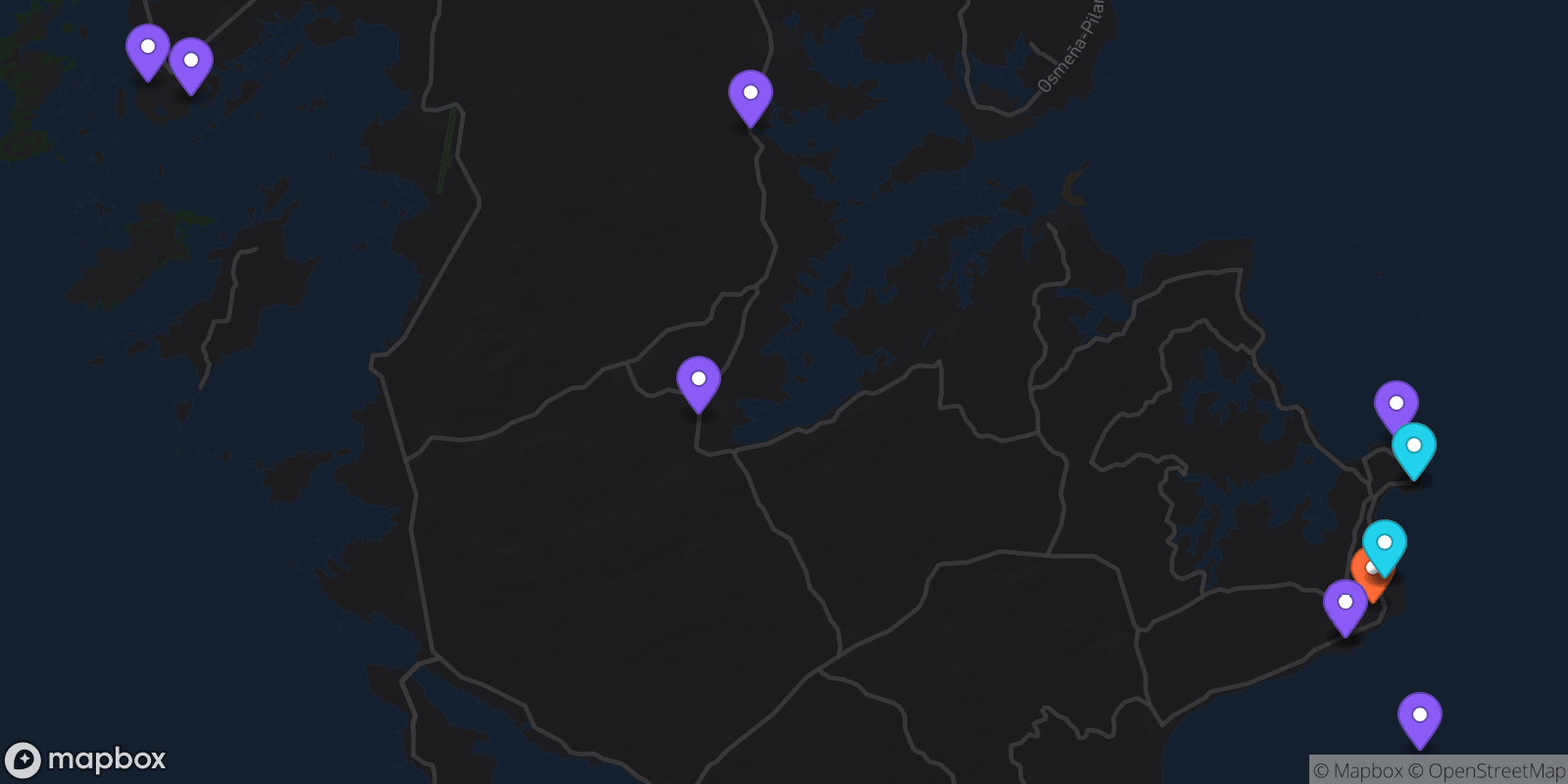 Map showing 13 locations