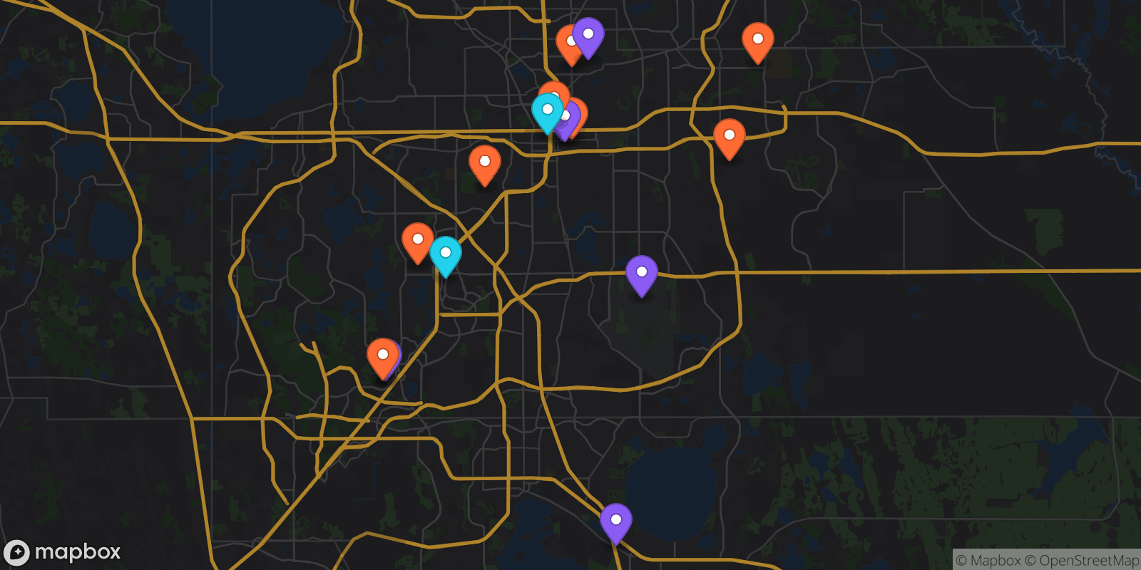Map showing 16 locations