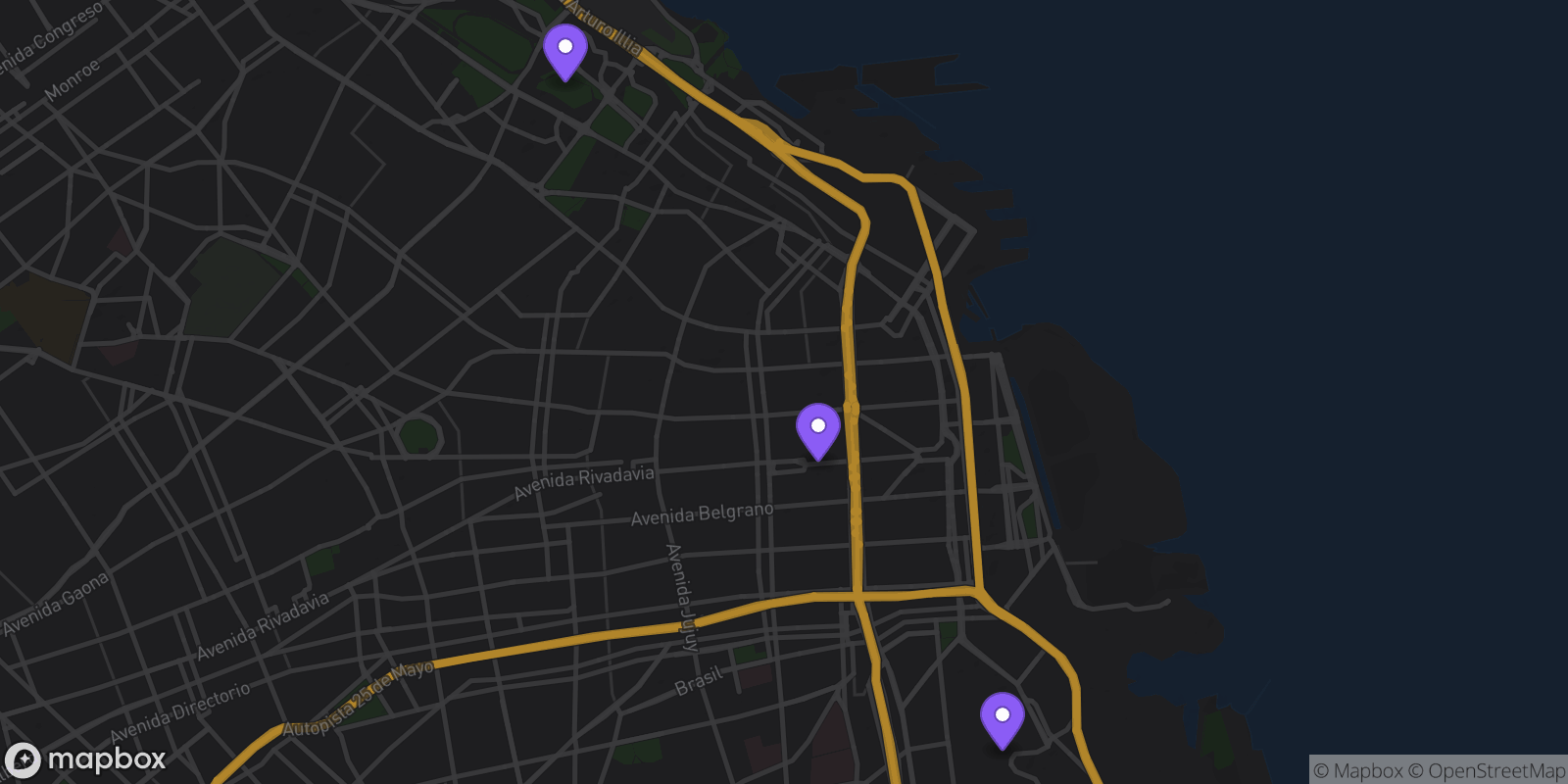 Map showing 3 locations