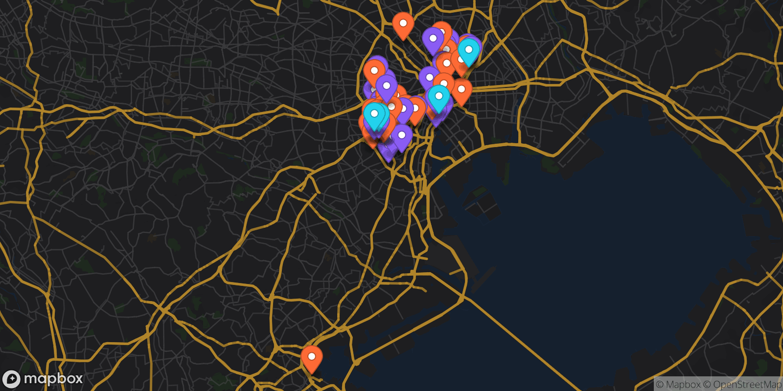 Map showing 67 locations