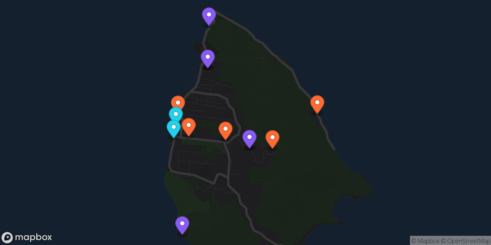 Map showing 13 locations