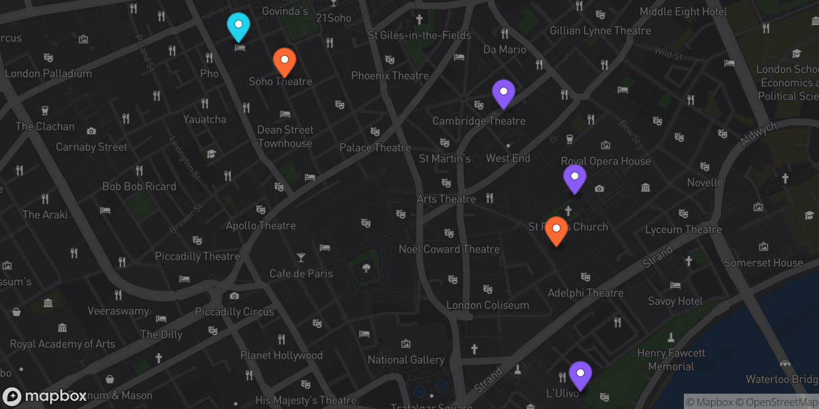 Map showing 6 locations