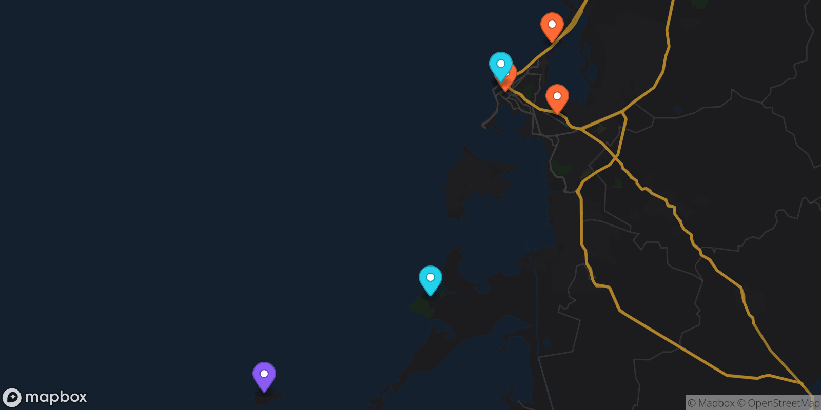 Map showing 7 locations