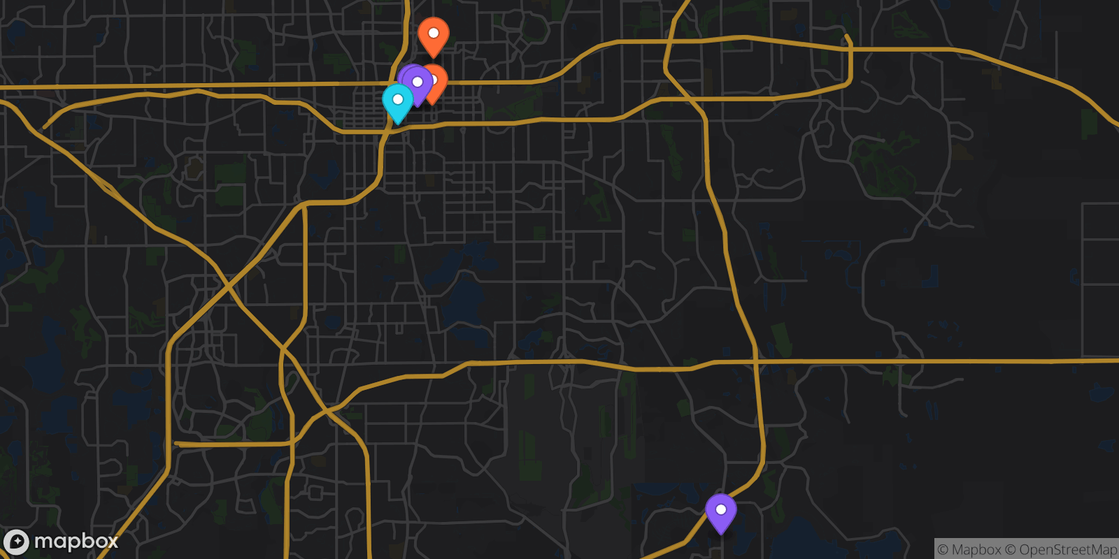 Map showing 6 locations