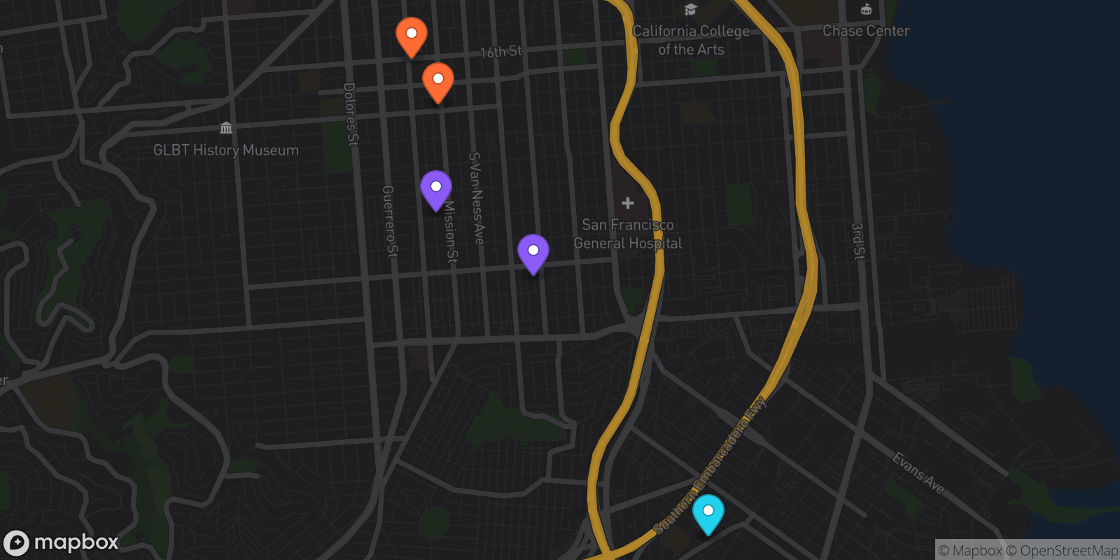 Map showing 5 locations