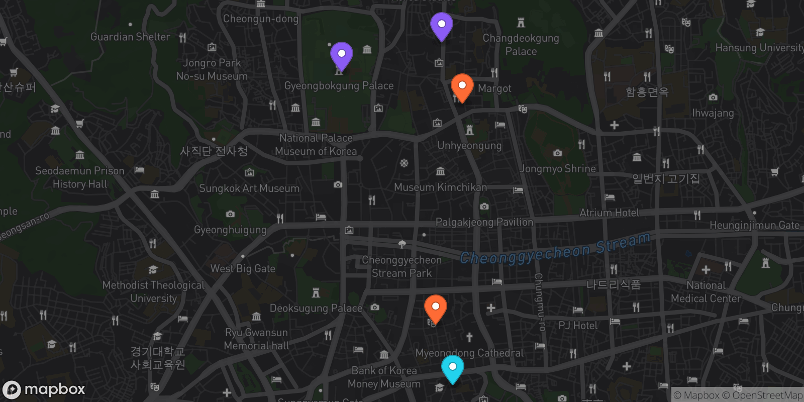 Map showing 5 locations
