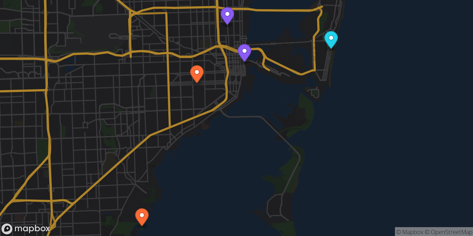 Map showing 5 locations