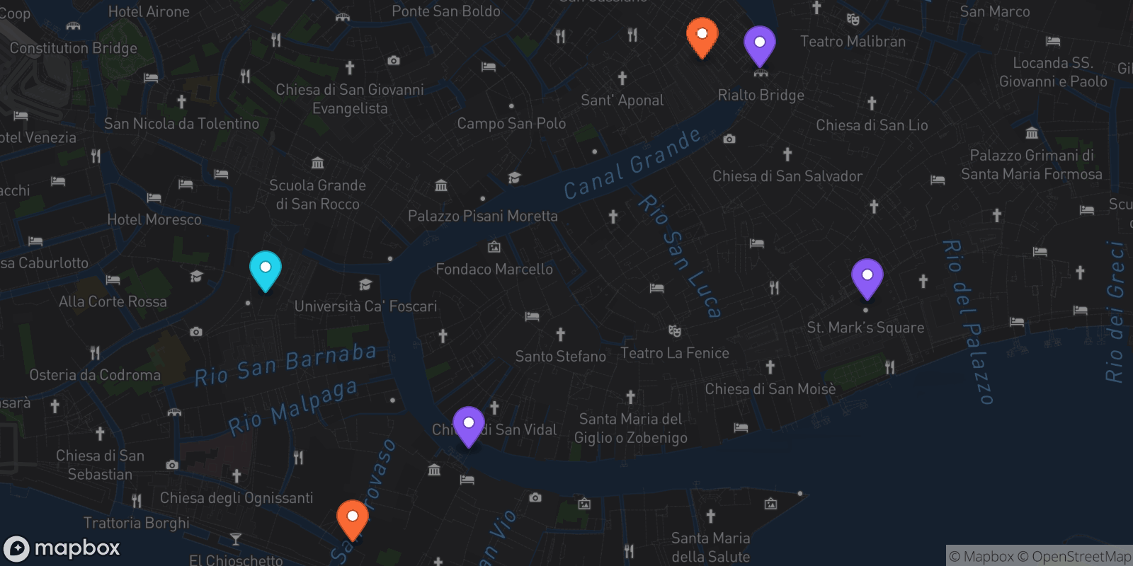 Map showing 6 locations