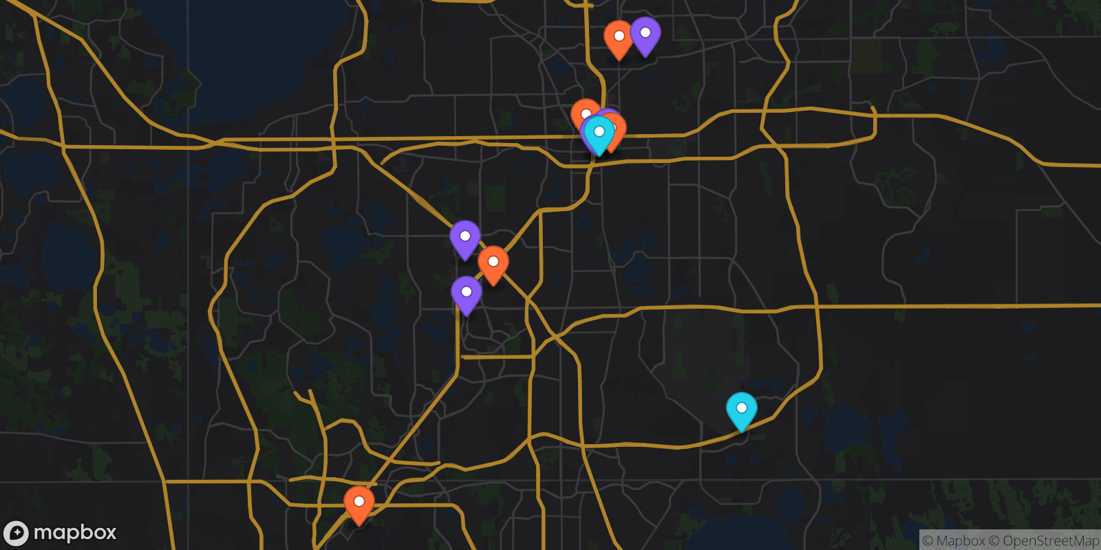 Map showing 13 locations