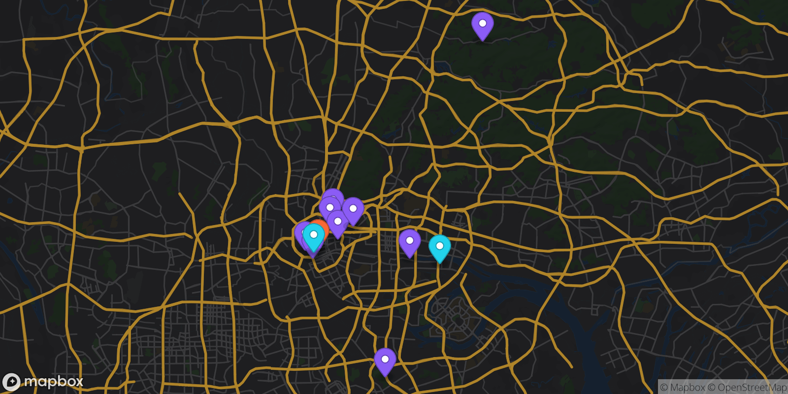 Map showing 13 locations