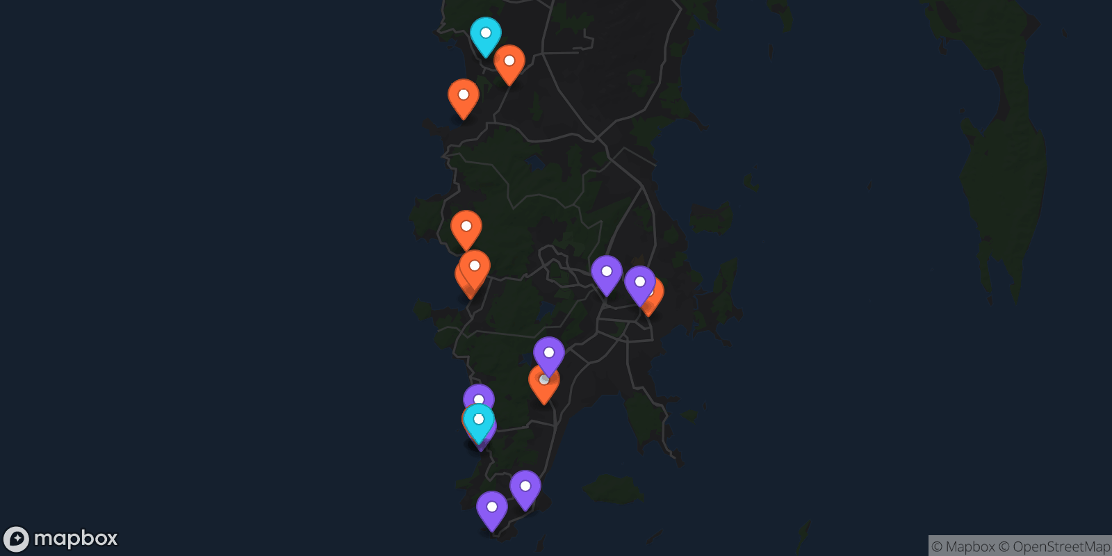 Map showing 18 locations