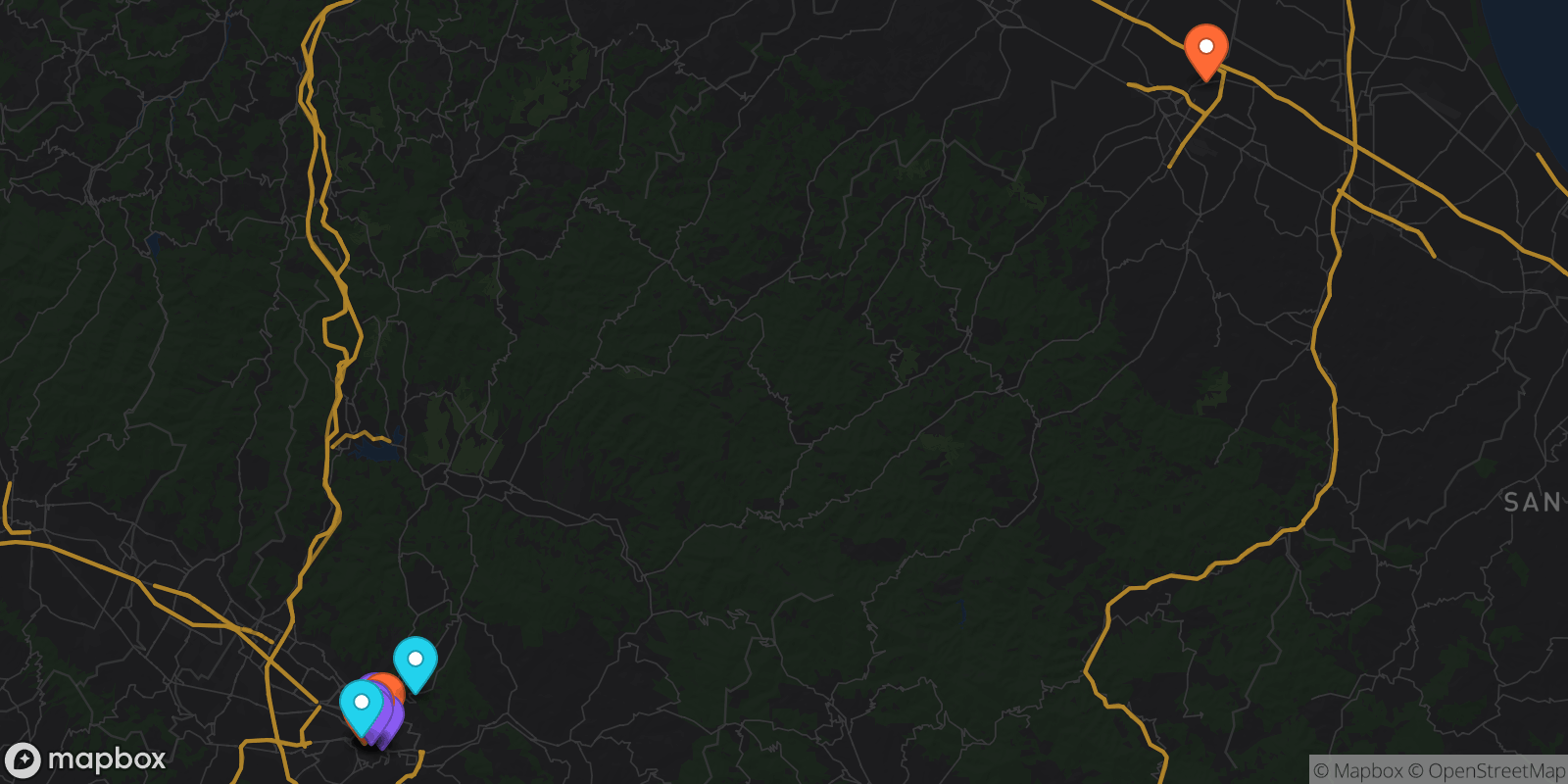 Map showing 14 locations