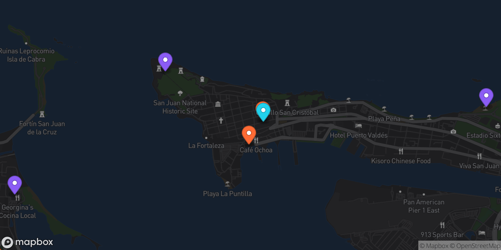 Map showing 6 locations