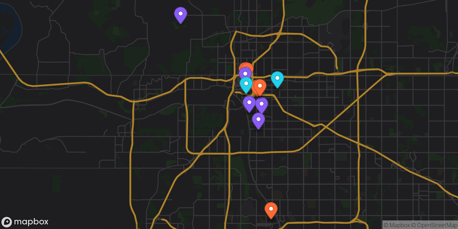 Map showing 13 locations