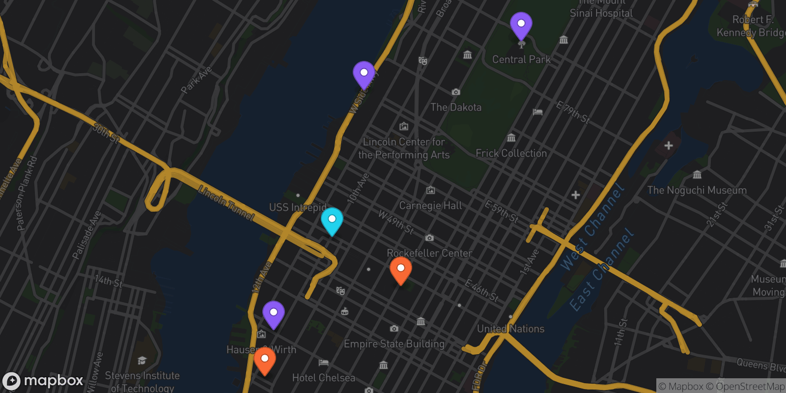 Map showing 6 locations