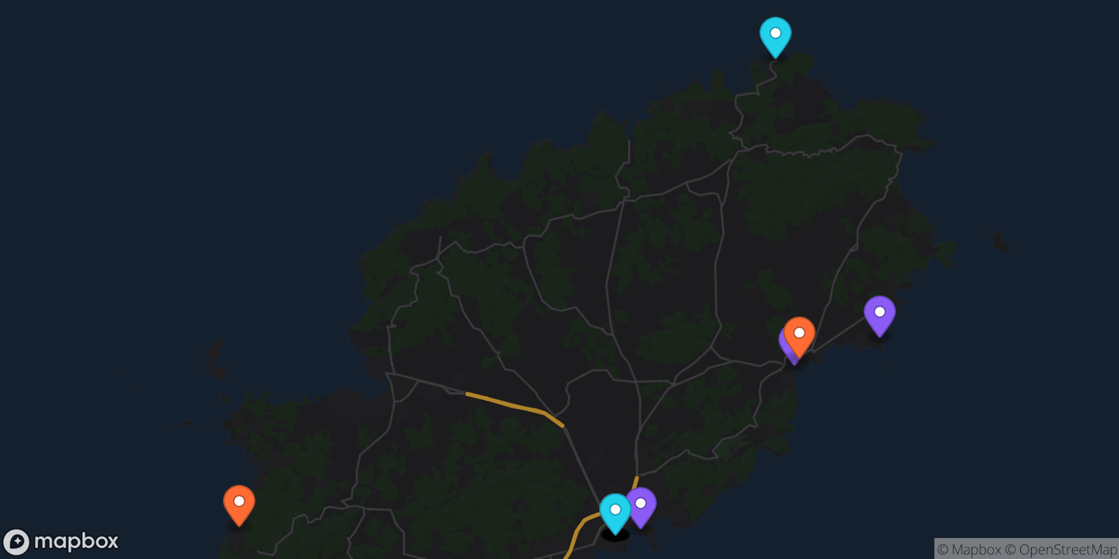 Map showing 18 locations