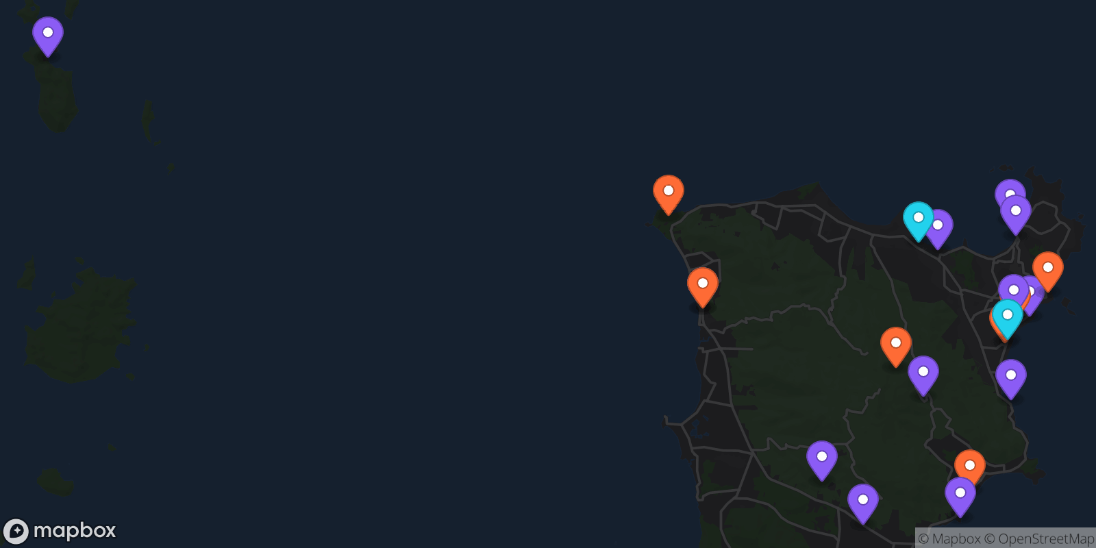 Map showing 21 locations