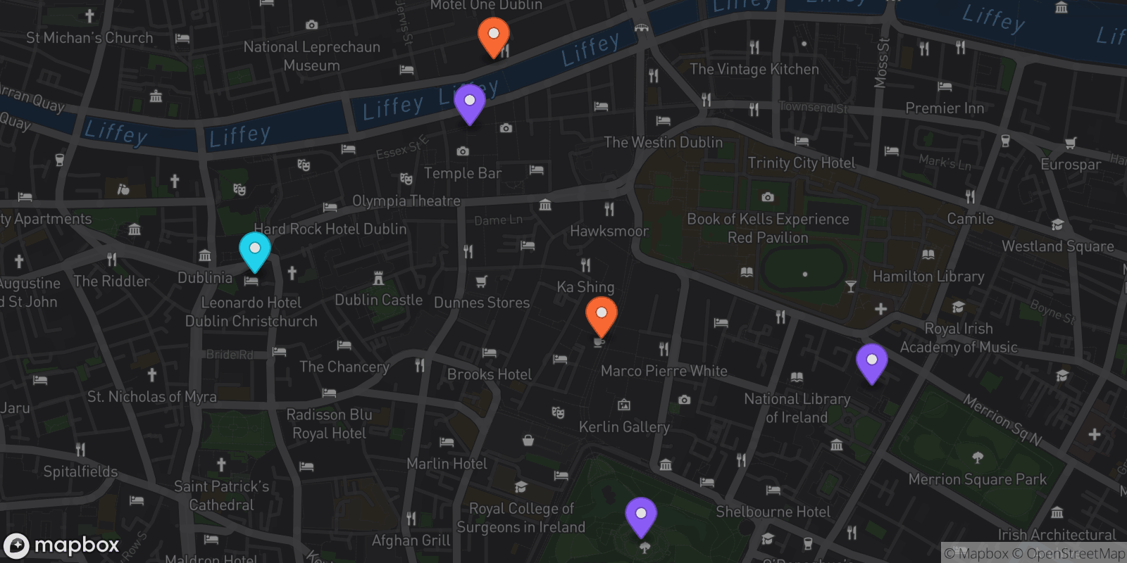 Map showing 6 locations