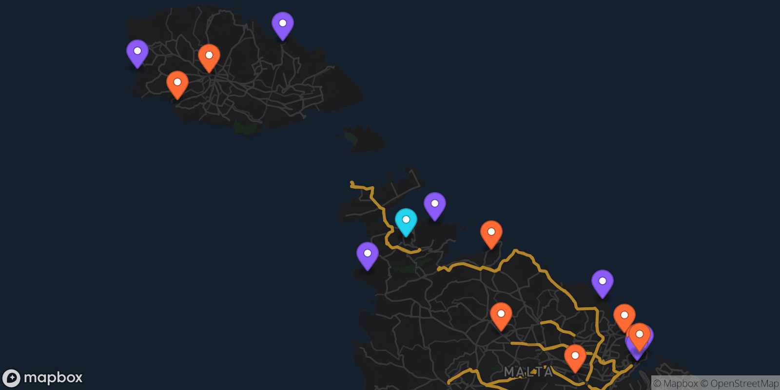 Map showing 18 locations