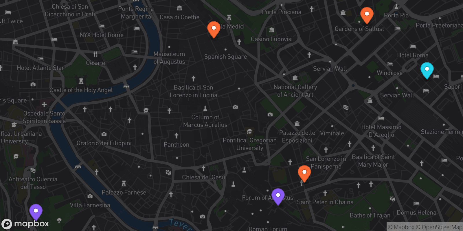 Map showing 6 locations