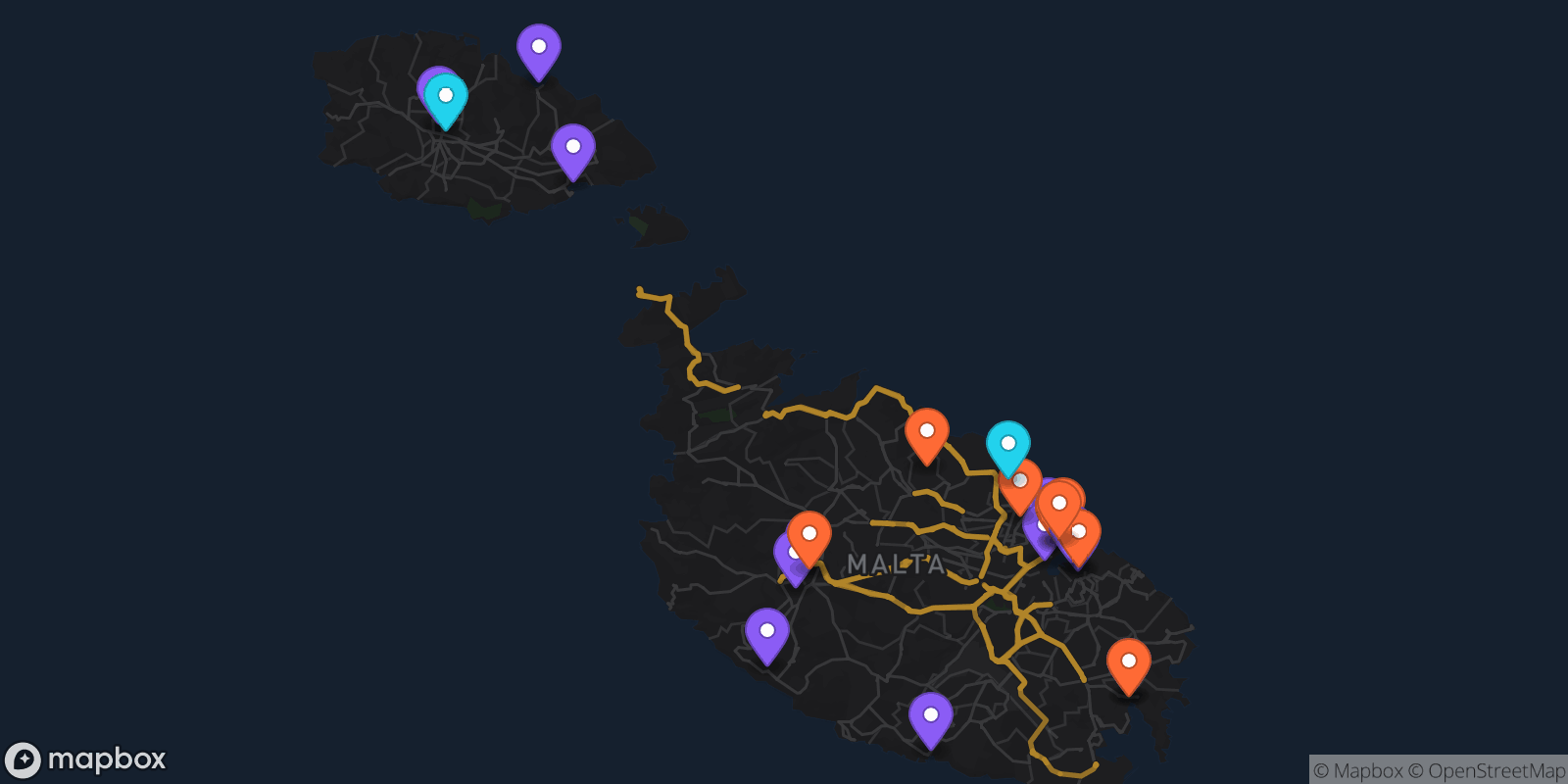 Map showing 26 locations