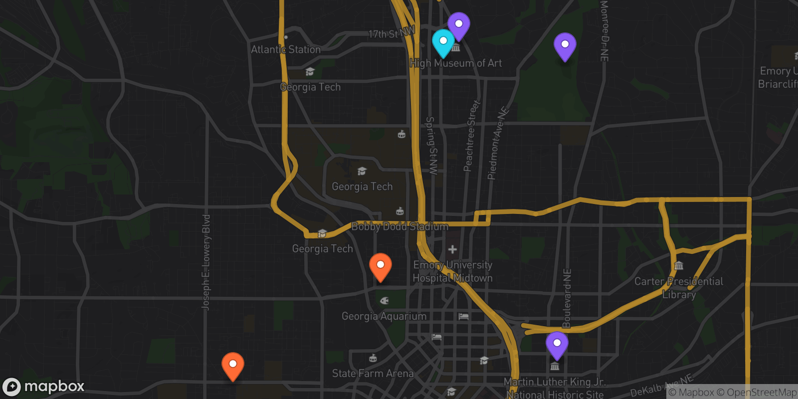 Map showing 6 locations